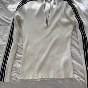 DKNY White V-Neck Sweater with Black Stripes